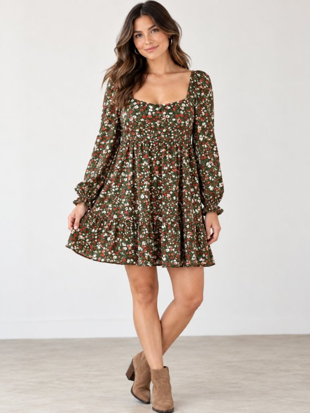 BCBG Paris Green Floral Square Neck Mini Dress Women XXL Long Sleeve